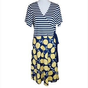 Millie & Me Lemon Print Striped Wrap Dress Women's Large Fruit Garden Summer